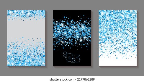 New Year cards set with blue confetti of stars, triangles, circles, square shapes. Holiday postcards, banners design. Greeting New Year cards vector templates set with wishes of happy 2023