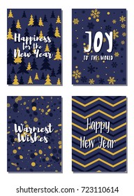 New Year cards set with Joy to the World and Warmest Wishes text. Holiday postcards, banners design collection. Greeting New Year cards vector templates set with wishes of joy and warmest greetings.