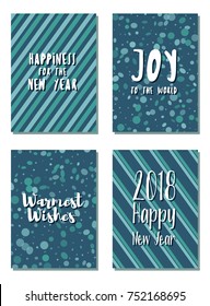 New Year cards set with Joy to the World and Warmest Wishes text. Holiday postcards, banners design collection. Greeting New Year cards vector templates set with wishes of joy and warmest greetings.
