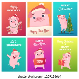 New year cards template. Celebration funny badges with pig boar hog piglet characters vector design projects. Illustration of happy new year 2019 and merry christmas banner