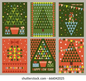 New Year cards from triangular elements with a picture of a Christmas tree and holiday attributes