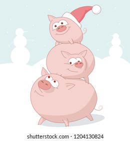 New Year card.Three piglets lined up like a snowman.symbol year 2019 according to Chinese astrology on the winter background. Kids book illustration