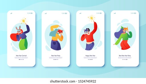 New Year carnival concept for mobile app page, onboard screen set. Joyful flat characters in animal masks dancing with sparklers. Winter holiday theme. Party with friends. Christmas celebrating.