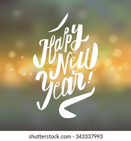 new year cartoon bold calligraphy. new year lettering blurred lights