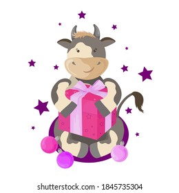 New year cartoon bull illustration. Funny character of a bull with a gift box.