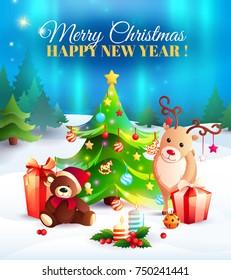 New year cartoon composition on polar lights background with greetings, animals, gifts, christmas tree, snowdrifts vector illustration