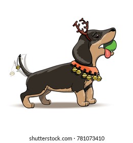 New Year Cartoon Dachshund Puppy Santa Deer. Cartoon Graphic Vector Illustration EPS 10
