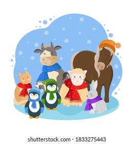 New year cartoon illustration. Funny winter scene with a horse, a bull, a lamb, a cat, a rabbit and penguins. Vector clipart.