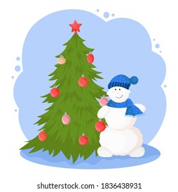 New year cartoon illustration with a funny snowman a Christmas tree decorated with balls. Cute winter character isolated on white background.