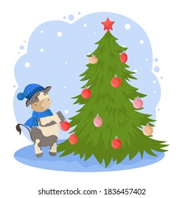 New year cartoon illustration with a funny bull and a Christmas tree decorated with balls. Cute winter character isolated on white background.