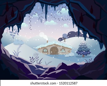New year cartoon landscape with christmas tree. Fantasy landscape with gnome house between the forest hills and dark cave. Fairytale snow cartoon illustration. Vector hand draw illustration