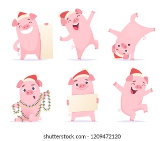 New year cartoon pig. Funny 2019 cute characters boar hog piglet mascot vector illustrations isolated. Celebration happy pig, piggy holding banner