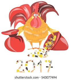 New year  cartoon rooster with grains. Symbol of the year.
Poster. Card