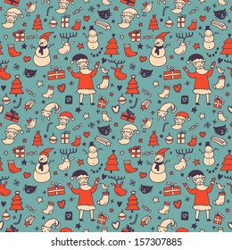 O desenho animado do ano novo padrão sem emenda em cores brilhantes para fundos elegantes com Santa, Cervo, Boneco de Neve e outros. O padrão contínuo pode ser usado para papéis de parede, fundos de páginas da Web, texturas de superfície