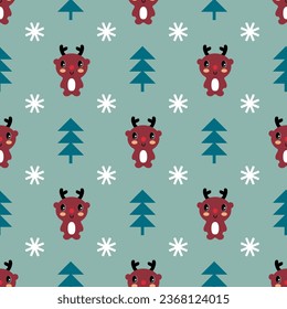 New year cartoon seamless pattern with deers and snowflakes. Christmas print for tee, paper, textile and fabric. Cute vector illustration for decor and design.