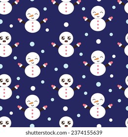 New Year cartoon seamless pattern with a snowman in kawaii style on a blue background with snowflakes.New Year design