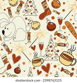 New Year cartoon seamless pattern. Festive symbols and attributes are randomly located on a light background. Vector.