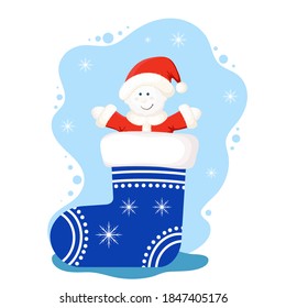 New year cartoon snowman illustration. Funny character of the snowman in the blue Christmas sock.