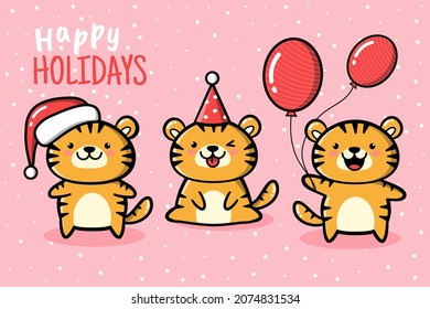 New Year Cartoon Tiger Set Illustration. Chinese Zodiac Doodle. Cute Kawaii Animal Characters. 2022 New Year Symbol Tiger In Santa Claus Hat.