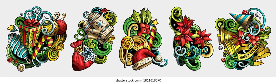 Diseños de doodles vectores de dibujos animados de Año Nuevo. Coloridas composiciones detalladas con muchos objetos y símbolos de vacaciones. Aislado en ilustraciones blancas. Banner de navidad