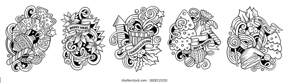New Year cartoon vector doodle designs set. Sketchy detailed compositions with lot of holidays objects and symbols. Isolated on white illustrations. Merry Christmas banner
