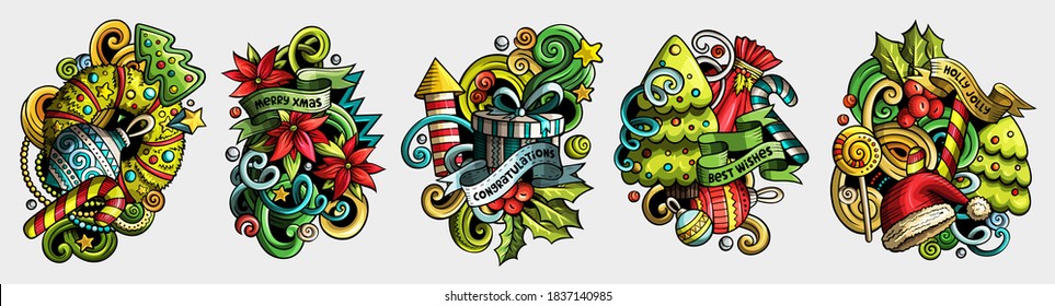 New Year cartoon vector doodle designs set. Colorful detailed compositions with lot of holidays objects and symbols. Isolated on white illustrations. Merry Christmas banner