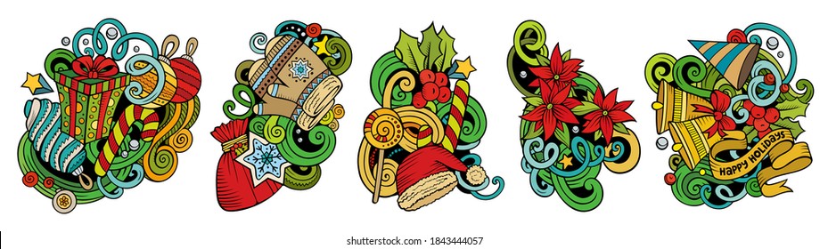 New Year cartoon vector doodle designs set. Colorful detailed compositions with lot of holidays objects and symbols. Isolated on white illustrations. Merry Christmas banner