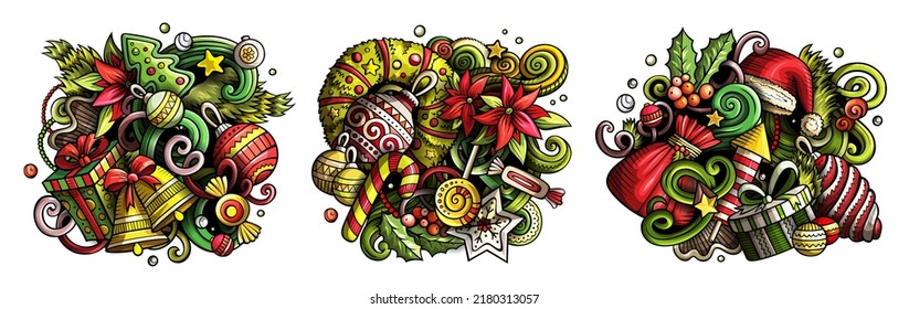 Diseños de doodles vectores de dibujos animados de Año Nuevo. Coloridas composiciones detalladas con muchos objetos y símbolos de vacaciones. Aislado en ilustraciones blancas. Banner de navidad