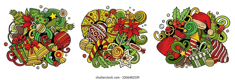 Diseños de doodles vectores de dibujos animados de Año Nuevo. Coloridas composiciones detalladas con muchos objetos y símbolos de vacaciones. Aislado en ilustraciones blancas. Banner de navidad