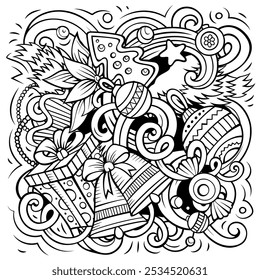New Year cartoon vector doodle design. Colorful detailed composition with lot of holidays objects and symbols
