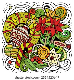 New Year cartoon vector doodle design. Colorful detailed composition with lot of holidays objects and symbols