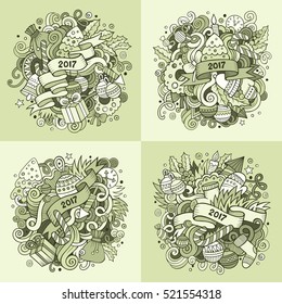 New Year cartoon vector hand drawn doodle illustration. Line art detailed designs with lot of objects and symbols. 4 square composition backgrounds set