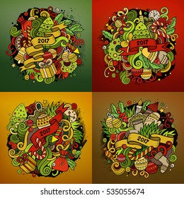 New Year cartoon vector hand drawn doodle illustration. Colorful detailed designs with lot of objects and symbols. 4 square composition backgrounds set