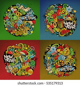 New Year cartoon vector hand drawn doodle illustration. Colorful detailed designs with lot of objects and symbols. 4 square composition backgrounds set