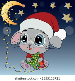 New Year cartoon vector illustration of a rabbit wearing a santa hat. The hare holds a Christmas tree decorated with garlands.