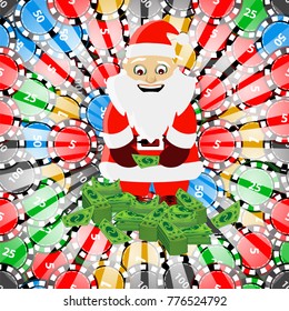 new year in the casino. vector illustration for your design. santa claus with money tutus. on the background of a chip
