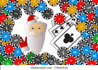 new year in the casino. vector illustration for your design. santa claus in the cap shows the fingers of victory. playing cards and chips for poker