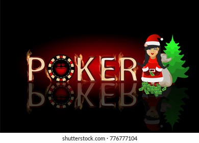 new year in the casino. vector illustration for your design. Mrs. Santa Claus with a lot of money and a Christmas tree