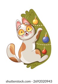 New Year cat climbing tree
