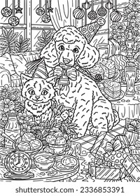 New Year Cat and Dog Party Hats Adults Coloring 