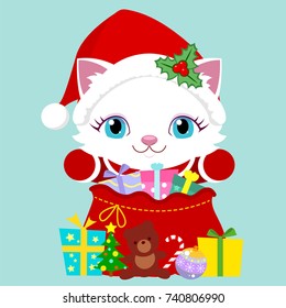 New Year. Cat with gifts in Santa Claus costume. Christmas card