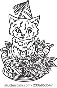 New Year Cat Party Hat Isolated Adults Coloring 