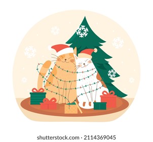 New year cats. Cute pets sitting tied with garland next to Christmas tree. Holiday invitation and greeting cards. Pictures for children, winter season and New Year. Cartoon flat vector illustration