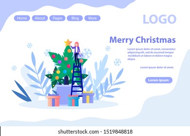  New Year celebrating, Christmas greeting, decorated palm tree.Flat vector illustration isolated on white background. Can use for web banner, infographics, web page.