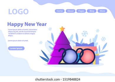  New Year celebrating, Christmas greeting, decorated tree.Flat vector illustration isolated on white background. Can use for web banner, infographics, web page.