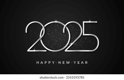  new year celebration 2025 with Typography style Shiny silver number in metal color with glitter on a dark background