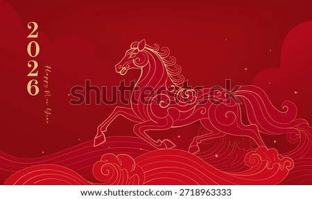 New Year celebration banner with linear layering and illustrations for the Year of the Horse