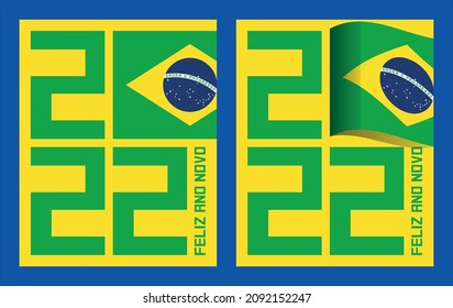 New year celebration card designed with 2022 numbers and Brazilian flag. "Happy New Year" message in Portuguese.