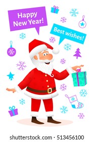 New Year celebration card. Flat funny old man character holding gift on New Year background. Holiday banner or poster template. New Year decoration design. Santa Claus cartoon vector illustration.