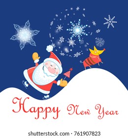 New Year celebration card with Santa Claus and dog on blue background with snowflakes